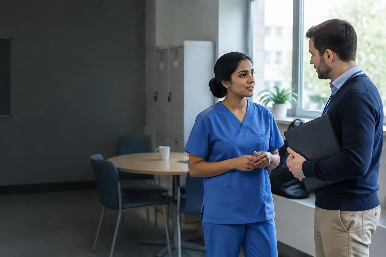 A nurse discussing career opportunities with a recruitment advisor