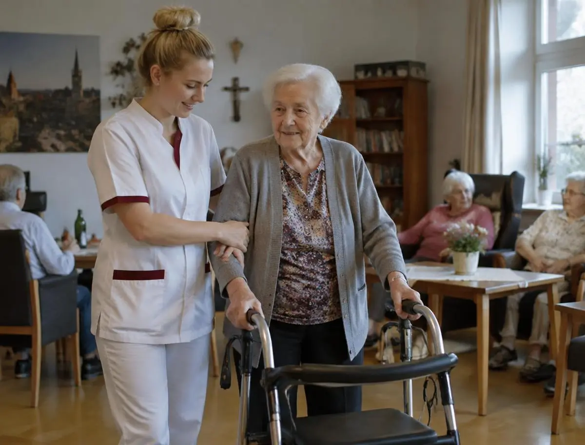 Care worker helping an elderly resident walk in a care home