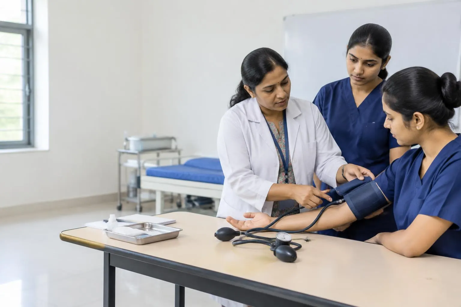 Clinical educator guiding nursing students through practical training